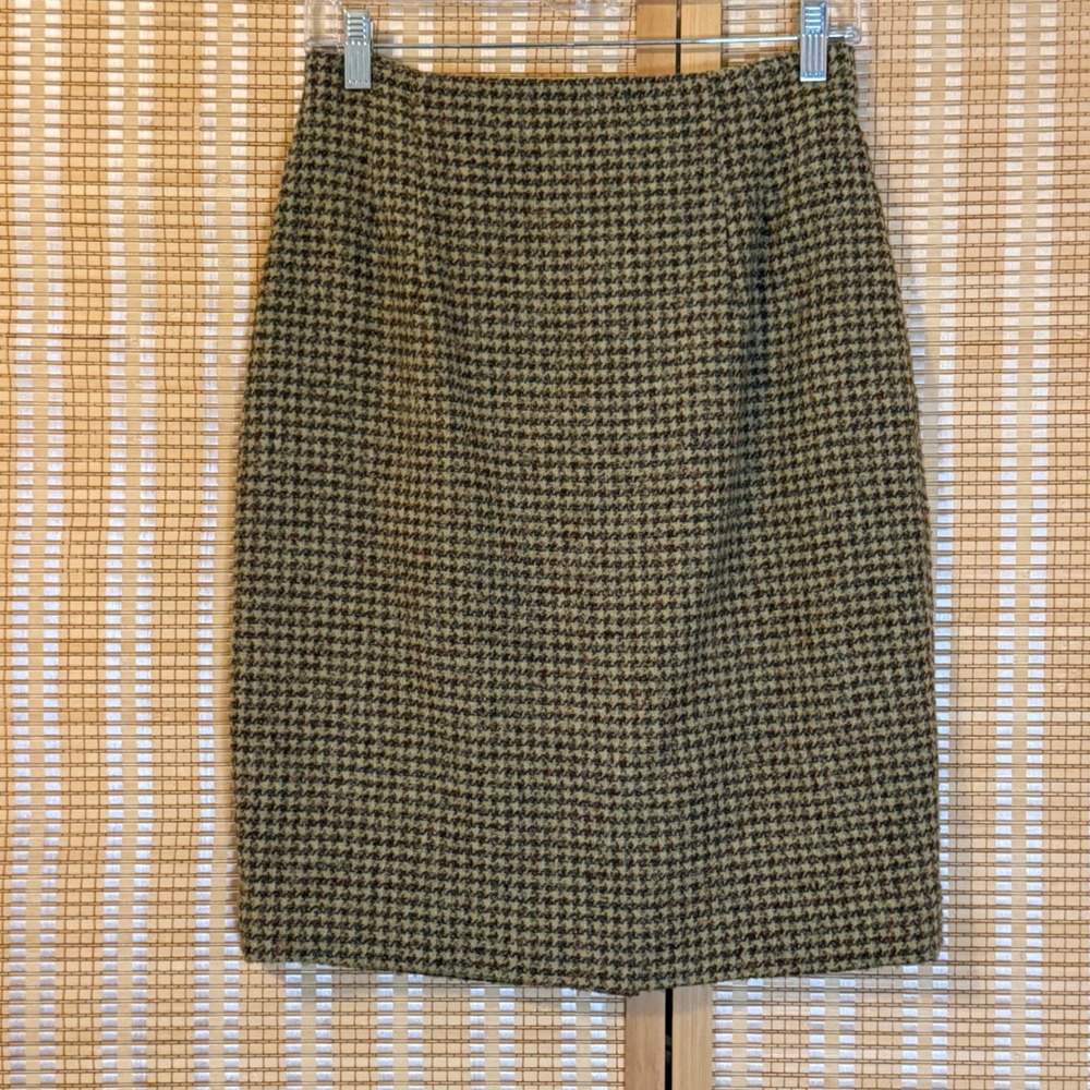 Jones New York Wool Blend Houndstooth Pencil Skirt Green Brown Size 6 Preppy